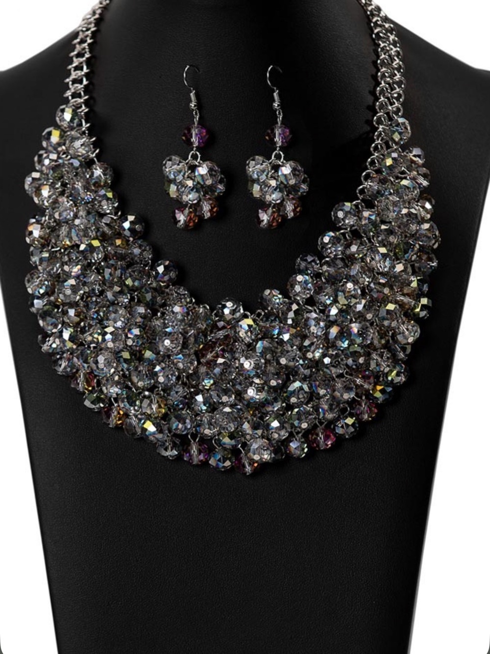 Crystal Cluster Bib Necklace and Earrings Set - Smoke